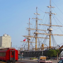 Sailing ship Esmeralda with ancient train